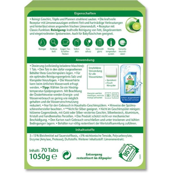 Frosch Classic Limetka &ndash; Ekologick&eacute; tablety do myčky s př&iacute;rodn&iacute; silou, 70 ks