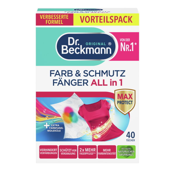Dr. Beckmann Farb- & Schmutzf&auml;nger ALL in 1 &ndash; Ubrousky proti zabarven&iacute; a &scaron;ednut&iacute; pr&aacute;dla, 40 ks