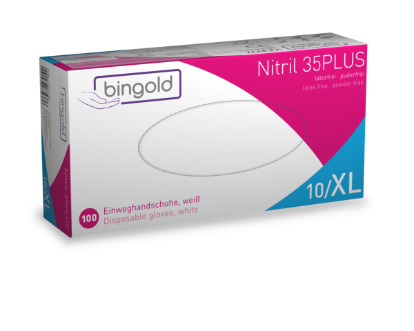 Bingold Nitrile 35Plus Examination Gloves, White, Size XL, 100 Pack