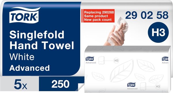 Tork Advanced H3, dvouvrstv&eacute; pap&iacute;rov&eacute; ručn&iacute;ky typu V, b&iacute;l&eacute;, 1250 &uacute;tržků (5x250 ks)