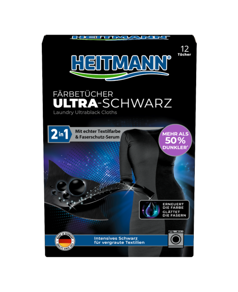 Heitmann Ultra-Schwarz 2 v 1 &ndash; Barvic&iacute; ubrousky pro sytě čern&eacute; pr&aacute;dlo, 12 ks